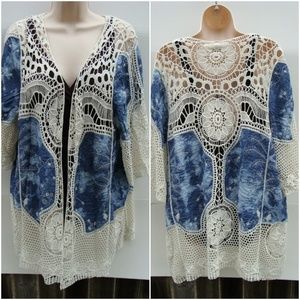 XCVI swim coverup embroidery blue ivory crochet